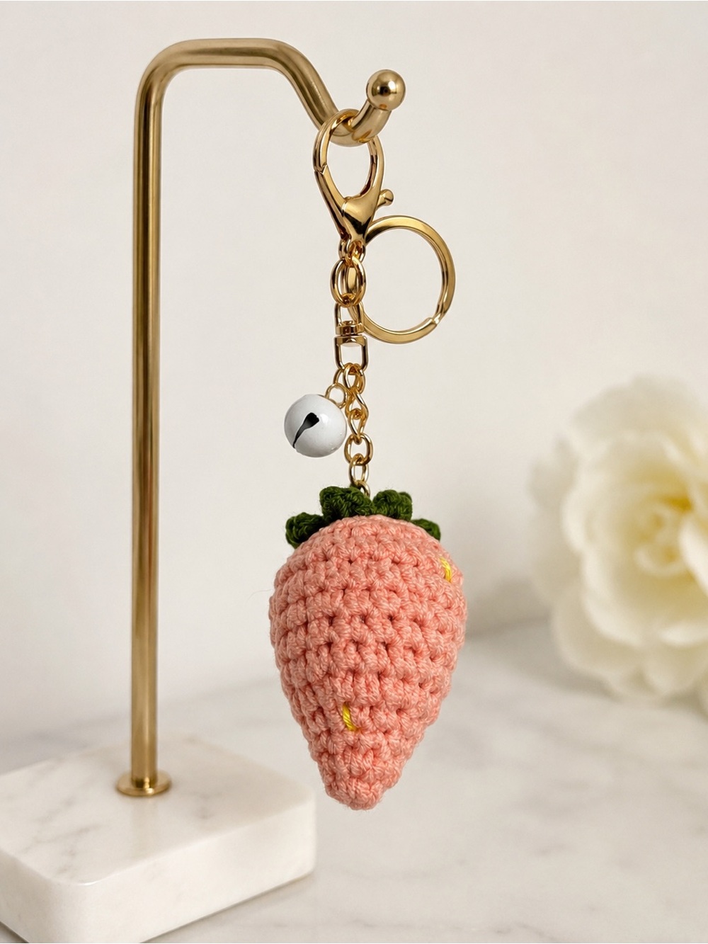 Handmade Peach Crochet Keychain with Gold Hardware